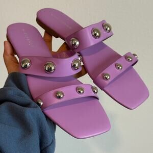Marc Fisher Purple Silver Studded Slide Sandals Minimalist Wide Straps Size 10